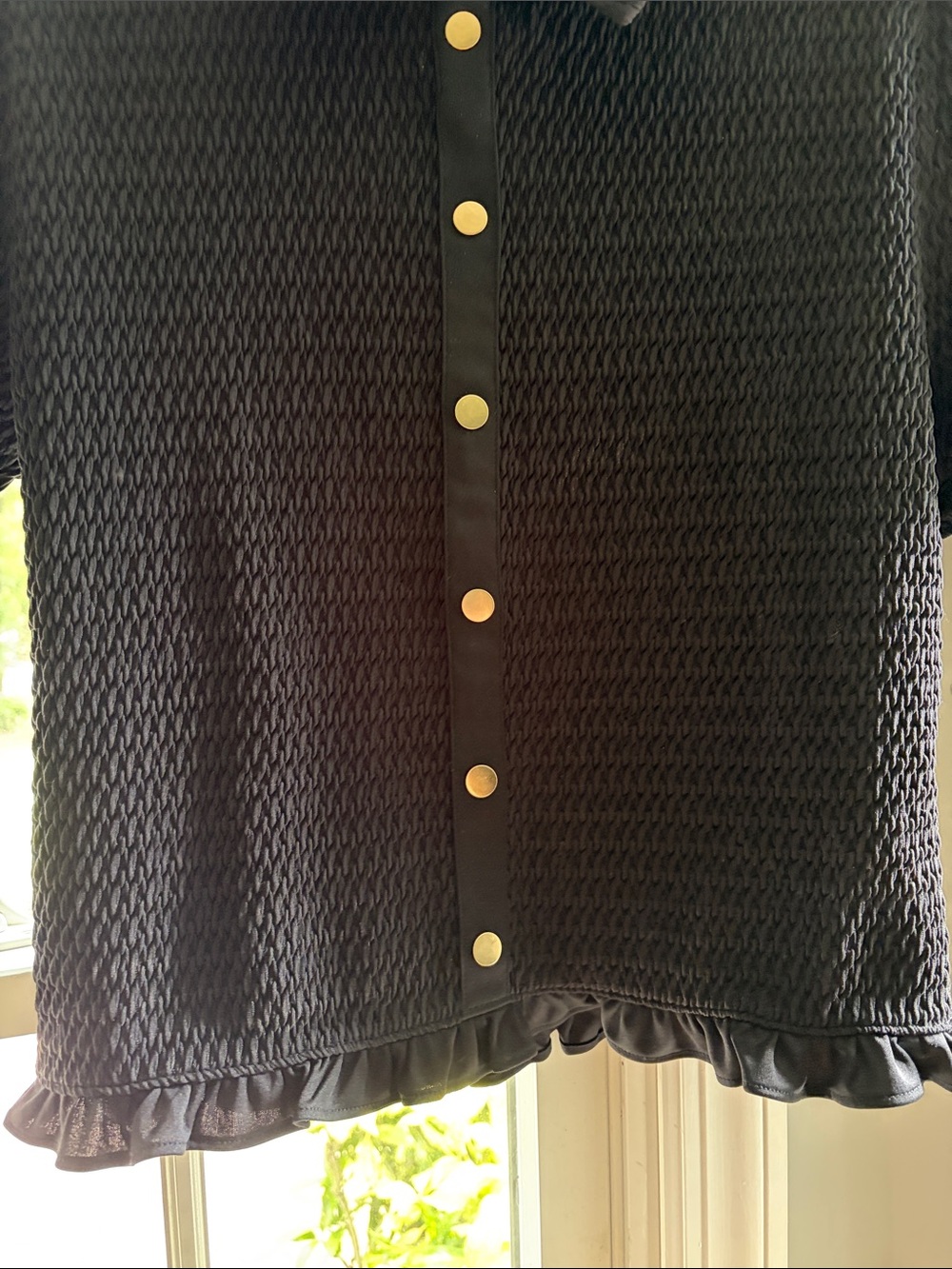 LOFT Black Textured Button-Front Ruffle Hem Top - Picture 5 of 6